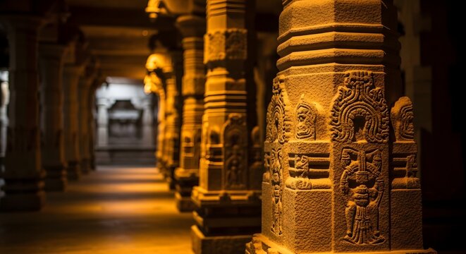 Intricately carved stone pillars in the Ramanathaswamy Temple corridor at Rameswaram, India, showcasing Dravidian architectural heritage.