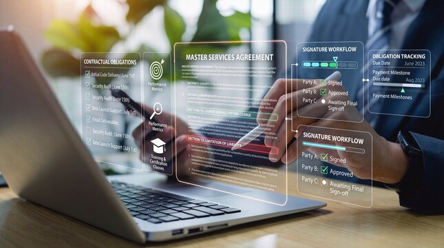 A businessman reviewing a master services agreement on his laptop and phone