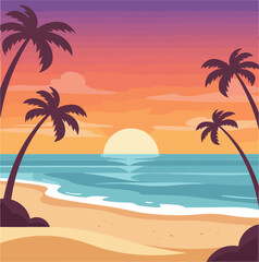 Obraz premium tropical beach sunset with palm trees and ocean flat design vector illustration