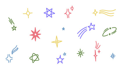 Fototapeta premium Colorful Hand-Drawn Star Doodles Set on White Background - Vector Illustration, Decorative Sky Elements, Transparent