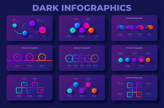 Dark Infographics Collection with Process Workflow Templates and Gradient Business Diagrams