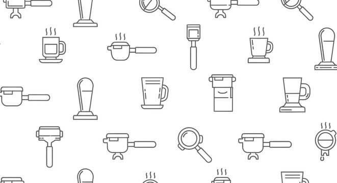 Minimalist Seamless Pattern Background with Barista Coffee Tools, Modern Line Art Texture Design of Portafilter and Tamper, Clean Cafe Equipment Branding Illustration