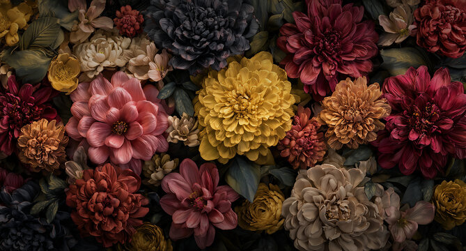 Luxuri&ouml;ses florales Blumenarrangement als detailreiches Muster in kr&auml;ftigen Farben &ndash; elegante botanische Bl&uuml;ten in rot, rosa, violett und gelb als dekorativer Hintergrund, stilvolle digitale Kunst