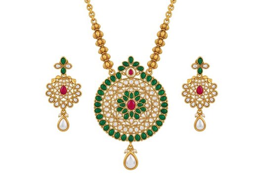 Elegant gold necklace and earrings set with emerald and ruby stones