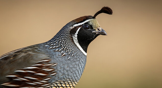 California Quail Bird Profile Closeup Side.