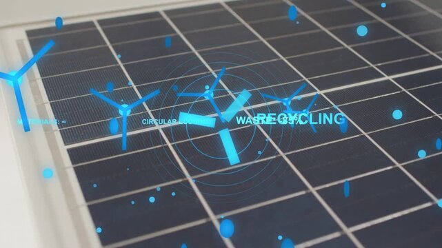 Solar panel receiving overlay activating, showing rotating rotor, sliding RECYCLING and WASTE -85%