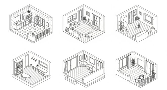 Isometric line art drawings of various room interiors.