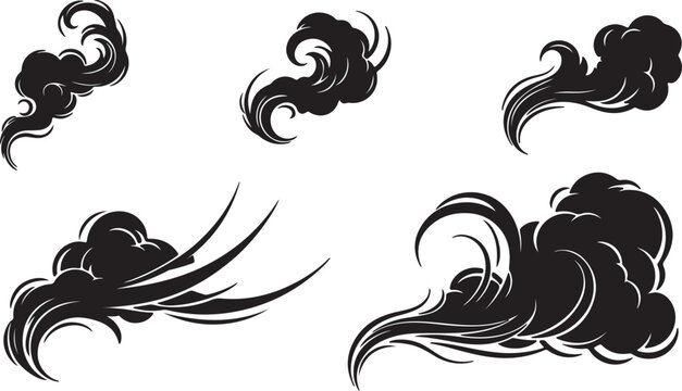 Japanese style clouds and smoke swirls, black ink oriental wind elements, traditional asian decorative cloud set, vintage comic steam vector