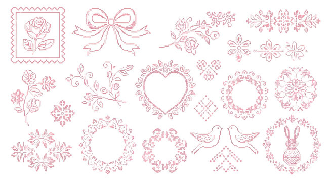 Set of decorative cross stitch elements, floral motifs, bows, hearts, and wreaths in pink color
