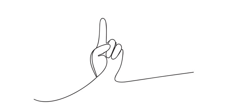 single line pointing hand.continuous line drawing of hand with index finger pointing upward.direction and attention concept.one line vector illustration.