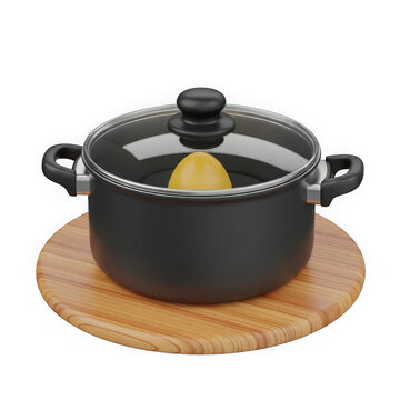 Stylish black pot with lid on a wooden trivet