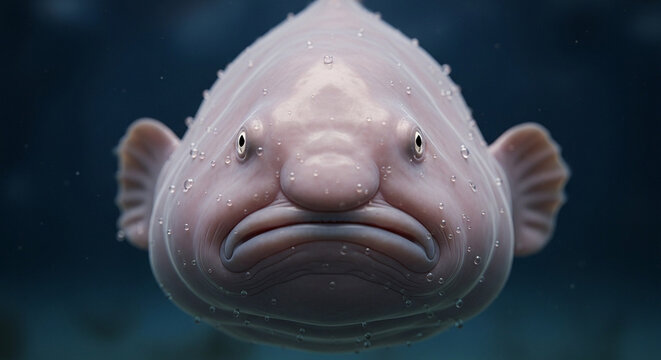 Closeup of a blobfish underwater.