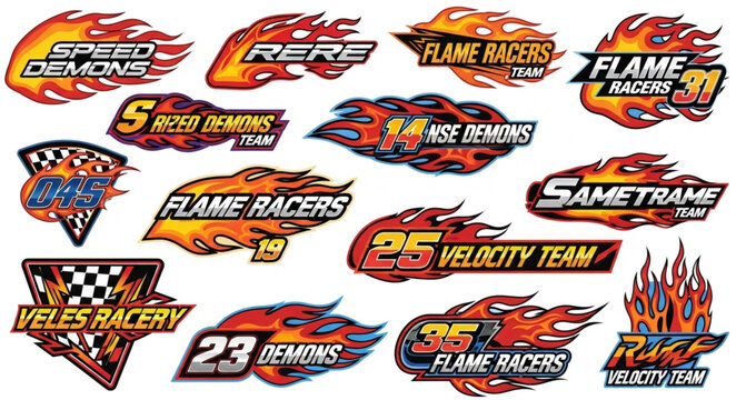 Collection of fiery racing team logos and emblems with flames.