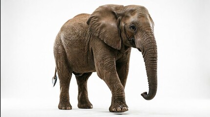 Obraz premium Majestic African Elephant Walking with Curved Trunk Isolated on White Background