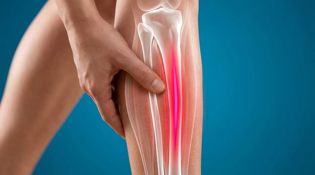 Person holds their lower leg to demonstrate sharp pain in the shin area with a glowing red highlight.