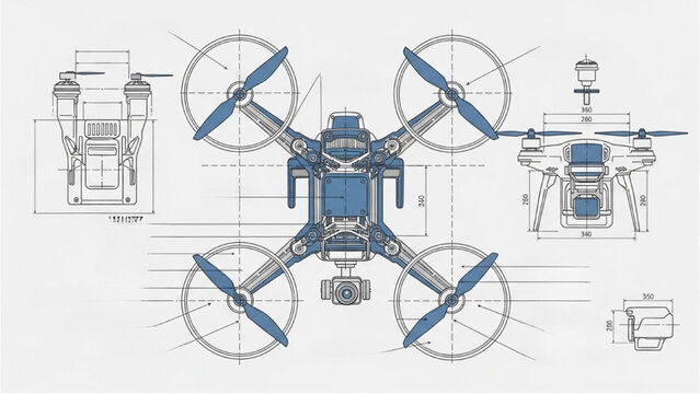 Detailed vector 2D CAD drawings of a drone with blue accents and technical specifications