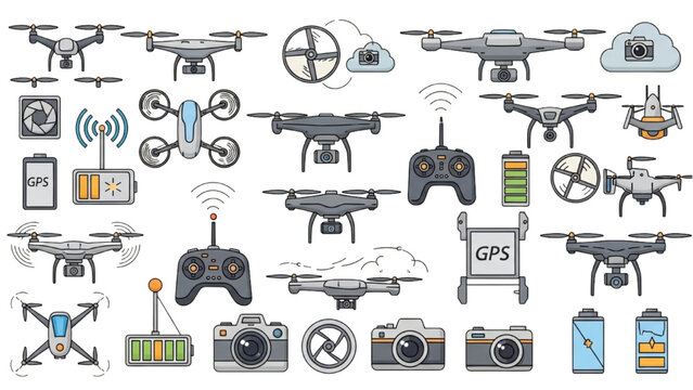 Vector 2D CAD designs showcase various drones and controllers in technology settings.