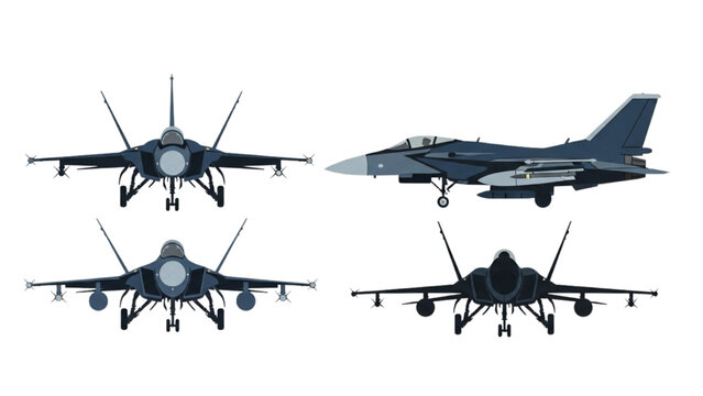 Military vector 2D CAD designs of four fighter jets in various angles and positions.