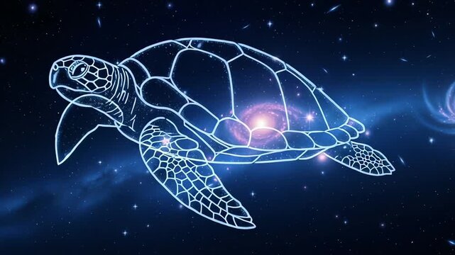 A stunning video of a turtle made of stars and light in space with a galaxy background