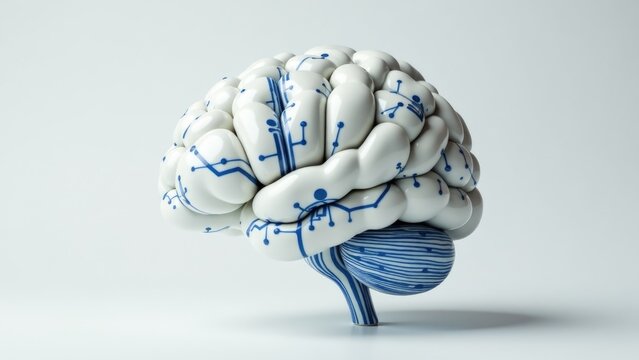 A detailed white and blue plastic model of the human brain, great for education or illustration purposes