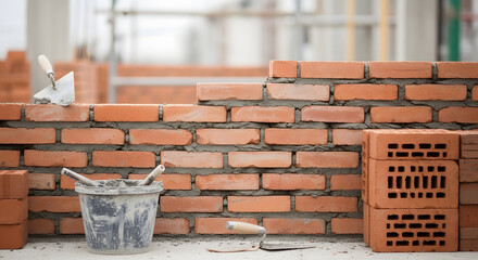 Naklejka premium The creation of a sturdy wall using the tools of construction, highlighting the building's meticulous and accurate construction process.