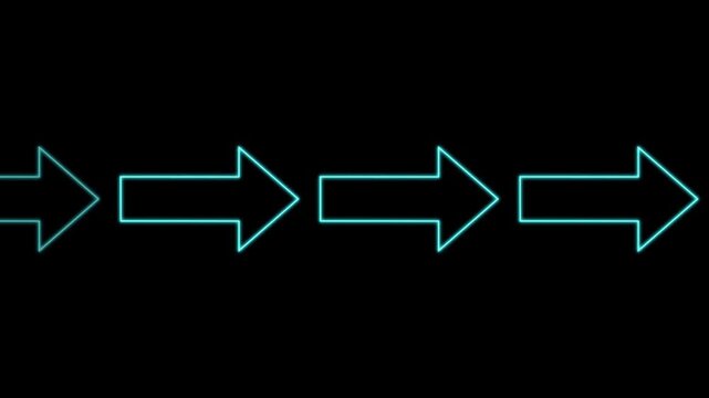 Cyan neon arrows moving forward on black background, motion graphic, digital animation.