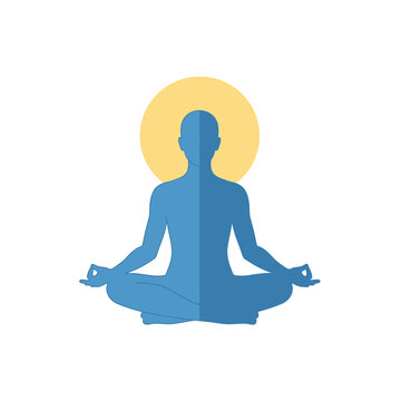 A serene blue silhouette of a person meditating in a peaceful lotus position, centered with a calming yellow halo, symbolizing inner peace, mindfulness, and spiritual well-being