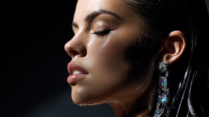 Fototapeta premium Wet skin beauty portrait woman profile water droplet shine glowing makeup luxury earring glamour elegance sensual calm face side view dramatic light dark background