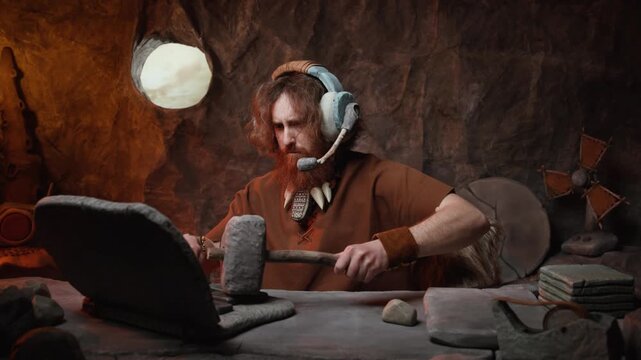 Caveman customer service agent with headset working on a stone laptop in his cave office.