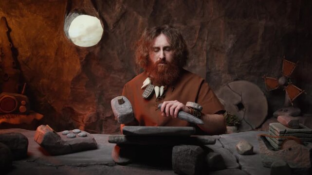Focused caveman accountant using a stone calculator and chisel for prehistoric bookkeeping