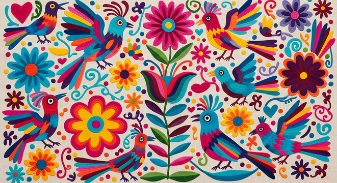 Colorful birds and flowers pattern design.