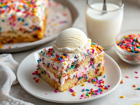 Funfetti Cake Slice Topped with Ice Cream and Sprinkles