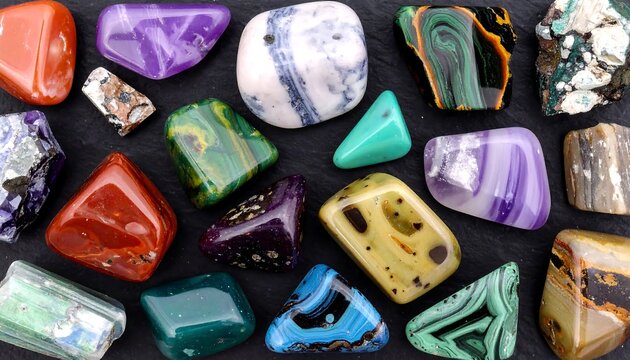 A vibrant collection of assorted gemstones and minerals on a dark surface