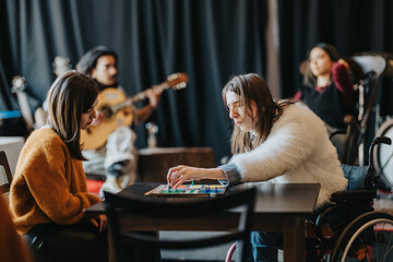 Students play a board game at a table, with one student in a wheelchair focusing on a move. A small...