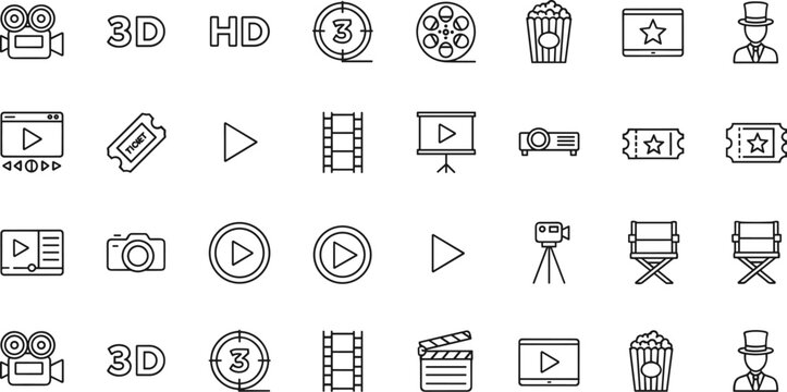Cinema And Movie Production Line Icon Set Featuring Movie Camera Film Strip Popcorn Video Player Tickets And Director Chair For Media And Entertainment Industry Designs