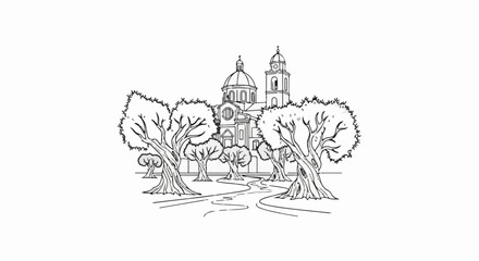 Obraz premium A black and white sketch of a building with domes and trees