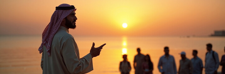Fototapeta premium Traditional gathering at sunset with speaker engaging audience along the beach. Gathering includes diverse participants listening attentively while the sun sets on the horizon.