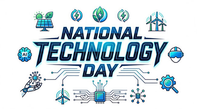 National Technology Day modern typography design with tech icons, digital circuit elements and innovation concept banner.