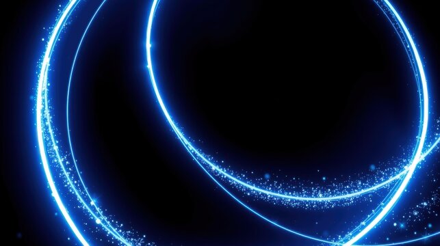 Bright blue circles, swirling lines, sparkling particles against dark background. Abstract digital illustration, energetic visual effect.