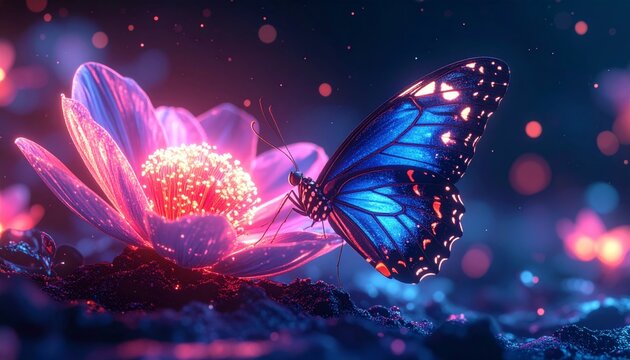 Vibrant butterfly on glowing purple flower.