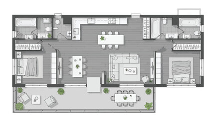 Obraz premium Modern apartment floor plan with two bedrooms, two bathrooms, open concept kitchen and living area, and a large terrace