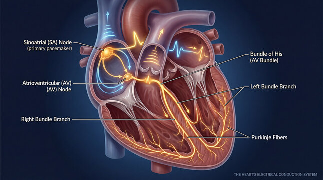 Diagram shows heart's electrical conduction system with nodes and branches colored and labeled for clarity and learning purposes