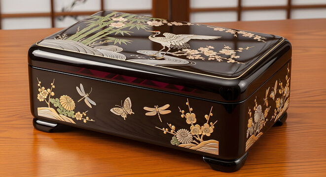 Decorative Japanese lacquerware wooden box.