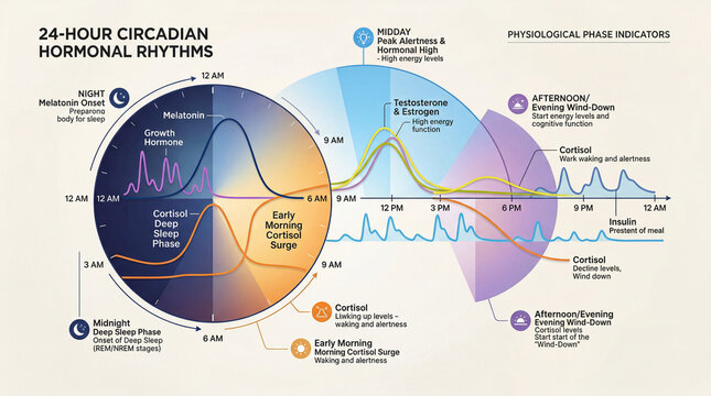 Circadian hormonal rhythms show changes throughout a 24-hour period with various phases for sleep and alertness