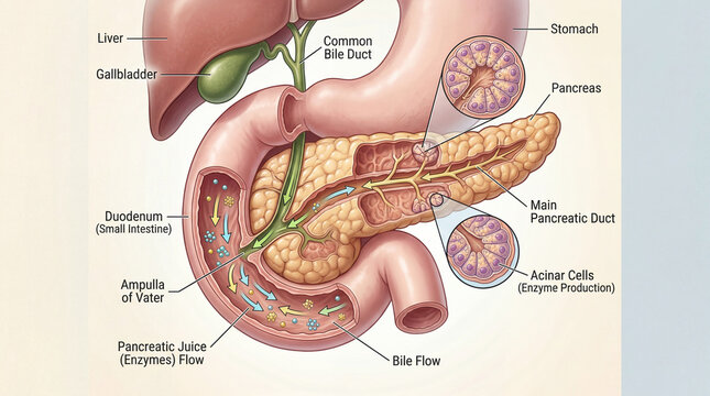 Diagram shows human digestive system with focus on liver, pancreas, and surrounding organs including bile flow pathways and enzyme production