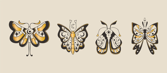 Obraz premium Celestial moth and butterfly set with moon, star, eye icons isolated on background. Vector illustration of mystical black golden doodle insects decorated with esoteric signs, tarot card design element