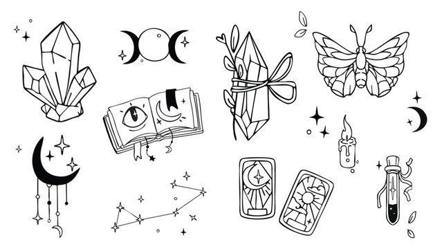 Set of mystic boho designs for tattoo or tarot cards. Vector illustration of celestial moth, dagger with butterfly wings, love potion in heart bottle, crescent moon, sacred crystals, spiritual icons