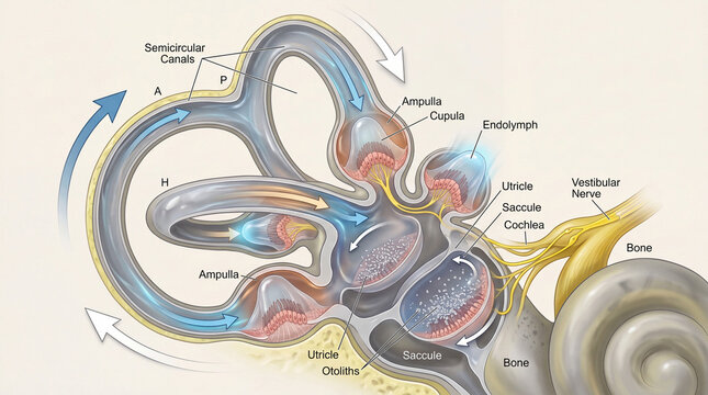 Diagram showing the inner ear structures and functions including semicircular canals, ampullae, and vestibular nerve