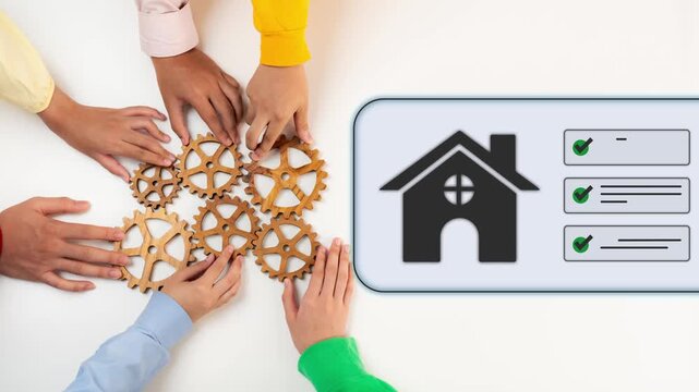 Collaborative Teamwork with Gears and Housing Concept for Real Estate Improvement and Project Management Gluon.