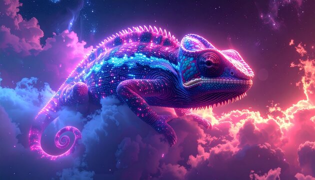 Vibrant neon chameleon in clouds.